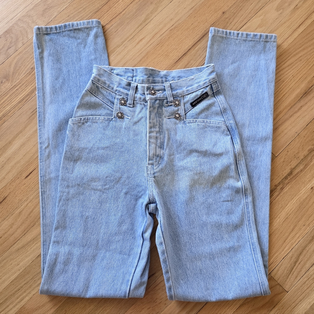 Vintage Western Ethics Straight Leg Studded Blue Jeans High Rise Bareback Light